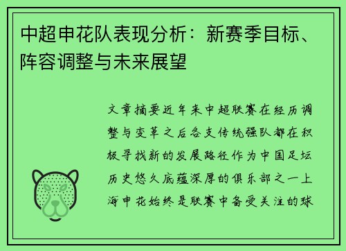 中超申花队表现分析：新赛季目标、阵容调整与未来展望